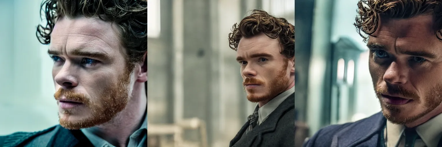 Prompt: close-up of Richard Madden as a detective in a movie directed by Christopher Nolan, movie still frame, promotional image, imax 70 mm footage