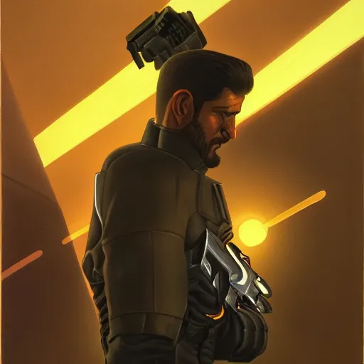 Prompt: adam jensen by ralph mcquarrie. trending at artstation