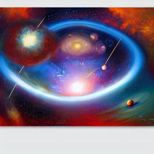 Prompt: beautiful aesthetic oil painting of two planets colliding in an explosion : stars and galaxies in the background : sci - fi, retrofuturism, space art, impressionism style, 4 k ultra hd, highly detailed, digital art, trending on artstation