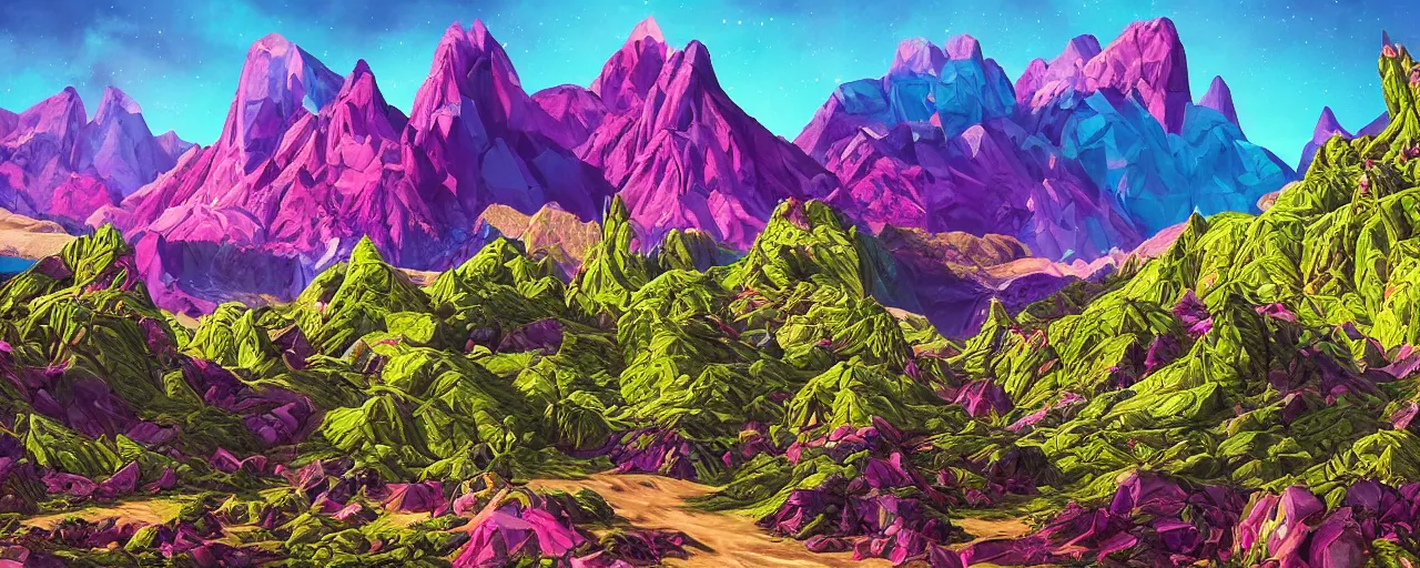 Prompt: An alien landscape with mountains made of gems, and strangely shaped trees and plants, bold complementary colours, 2D matte, photorealism, detailed, intricate,