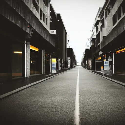 Image similar to beautiful fuzzy liminal photograph of an empty road in a shopping district, end of the road