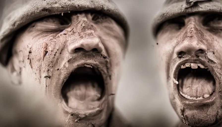 Prompt: World War 1 soldier screaming in anguish, close-up of face, wartorn landscape, dirty lens, shallow depth of field, cinematic lighting, IMAX, cinematography, 35mm