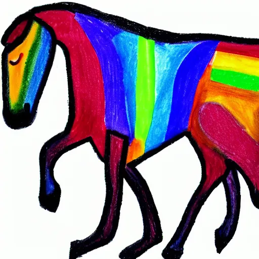 Prompt: child's drawing of a 3 - legged horse and the horse's tail is rainbow