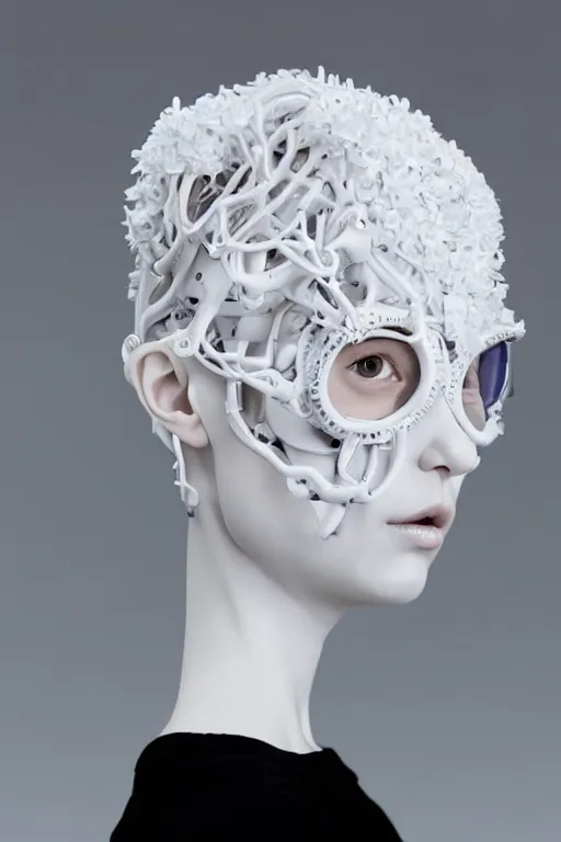 Image similar to full head and shoulders, beautiful female porcelain sculpture with lots of white 3 d cyborg elements, prosthetics, 3 d goggles, smooth, all white features on a white background, delicate facial features, white eyes, white lashes, detailed white, anatomical, transparency by daniel arsham and james jean