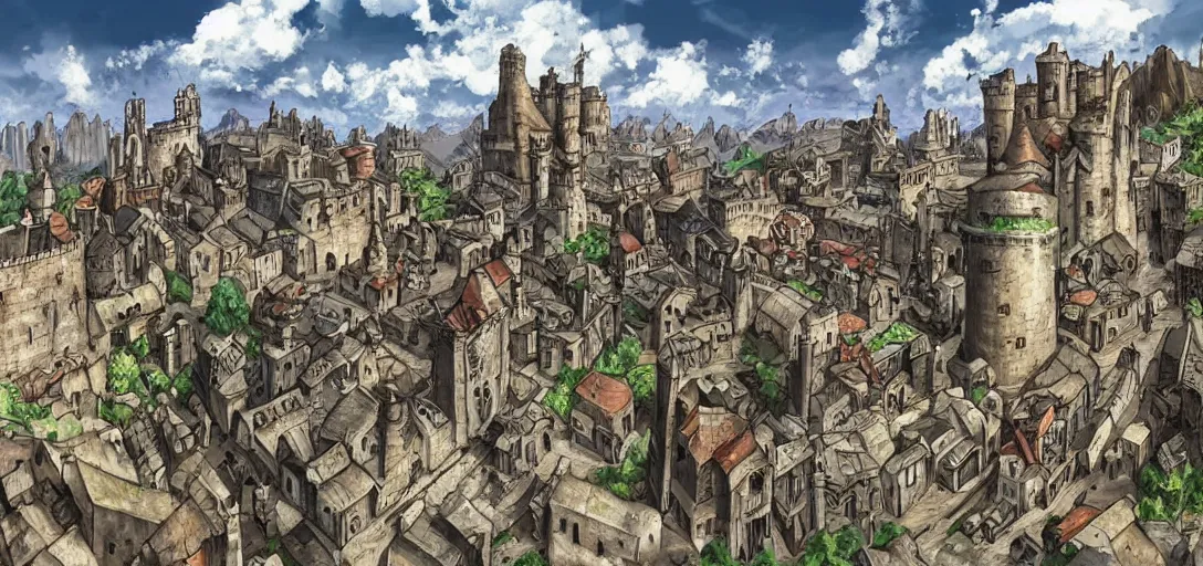 Image similar to huge medieval city, interesting rocky shaped terrain, digital art, full metal alchemist, art by craign mullin