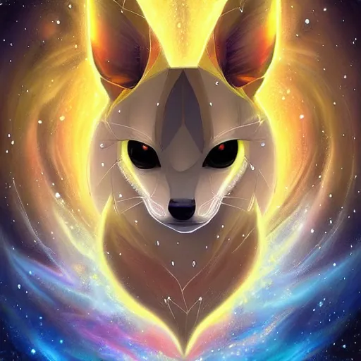 Image similar to geometric symmetrical jolteon with galaxy eyes in space, nebula in the background, intricate, elegant, highly detailed, digital painting, artstation, concept art, smooth, sharp focus, illustration, art by artgerm