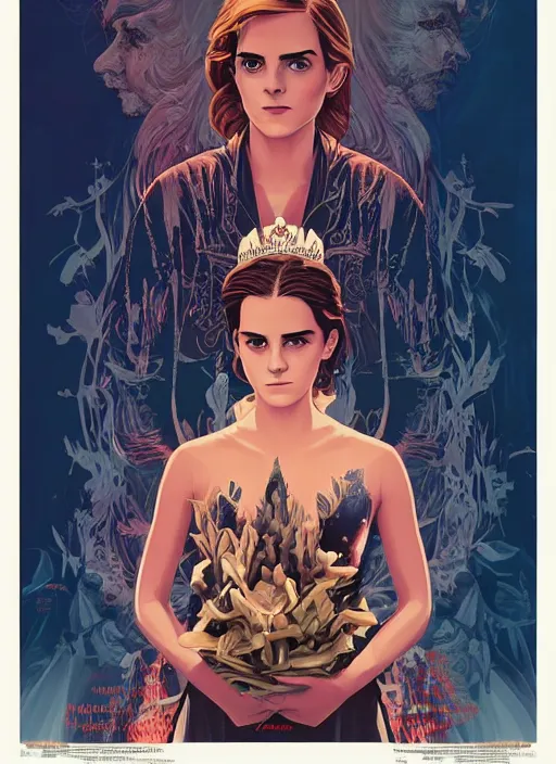 Image similar to poster artwork by Michael Whelan and Tomer Hanuka, Karol Bak Emma Watson and Kiernan Shipka in beauty pageant, clean, flat