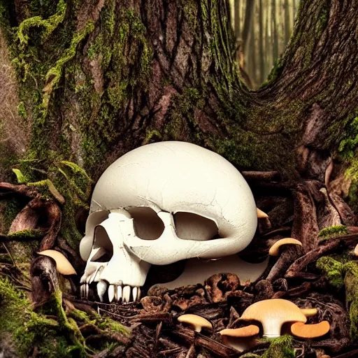 Prompt: a broken skull in the forest, mushrooms growing from cracks in the skull