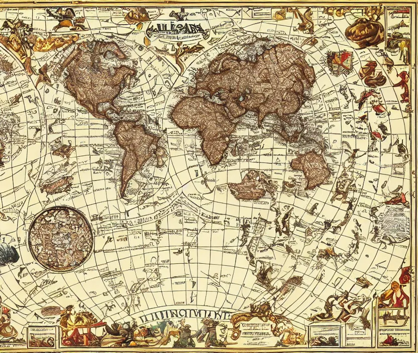 Prompt: highly detailed labeled atlas political map poster of a golden planet, heraldic, detailed, paper drawing, golden, silver and crimson ink, kingdoms and nature, intricate details, warhammer