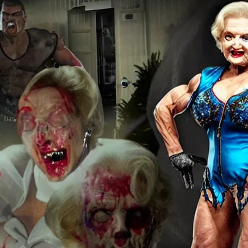 Image similar to betty white muscular wwe world champion wrestling zombies