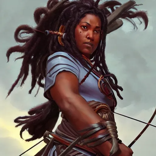 Prompt: a strong, dark-skinned female archer with dreadlocks, carrying the head of an orc, D&D, highly detailed, digital painting, artstation, concept art, sharp focus, illustration, cinematic lighting, art by artgerm and greg rutkowski and alphonse mucha