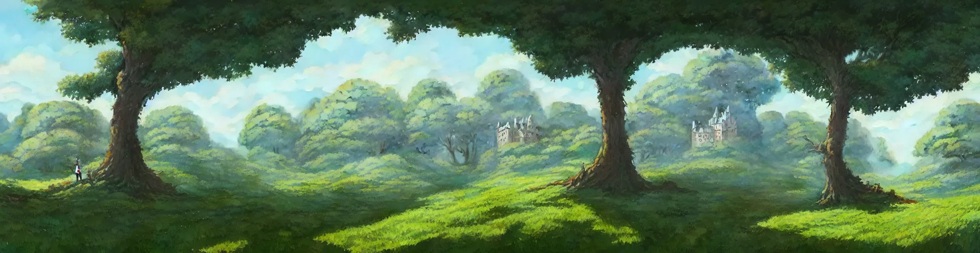 Prompt: A panorama landscape of a single oversized apple tree, Studio Ghibli, abandoned castle in the sky, animated, anime, illustrated, vibrant, overgrown, by Greg Rutkowski, dungeons and dragons on artstation