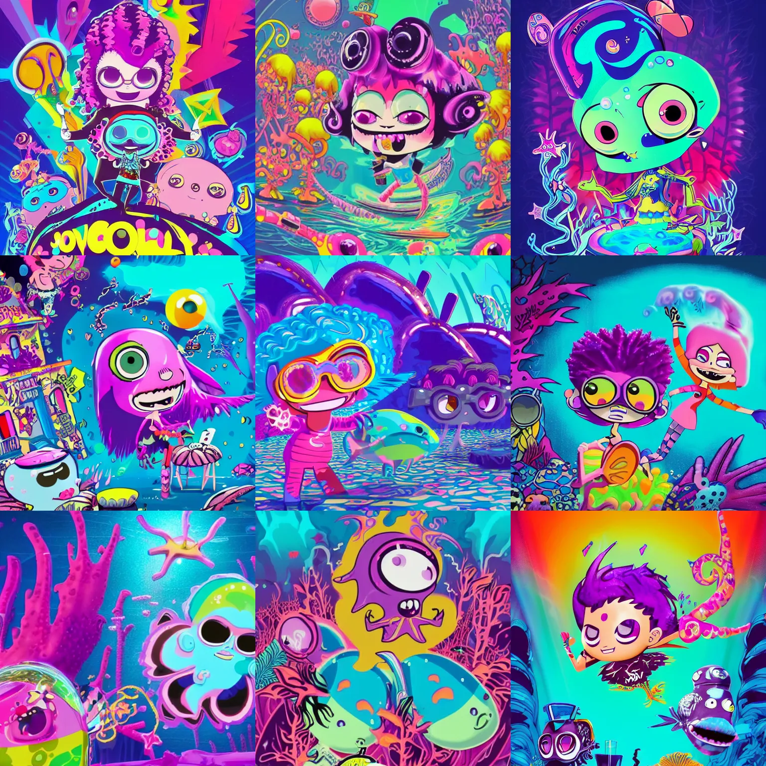 Prompt: lovely psychic pastel punk rocker vampiric lisa frank electrifying rockstar background designs of vibrant underwater locations filled with fish and coral by genndy tartakovsky and splatoon by nintendo and the psychonauts franchise by doublefine tim shafer artists for the new hotel transylvania film