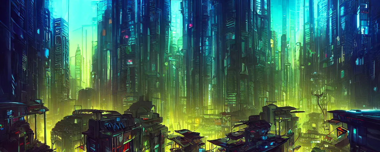 Prompt: A cyberpunk cityscape in the jungle, by Cyril Rolando, landscape, dramatic lighting, high contrast colors, panoramic view, as trending on Artstation, highly detailed,