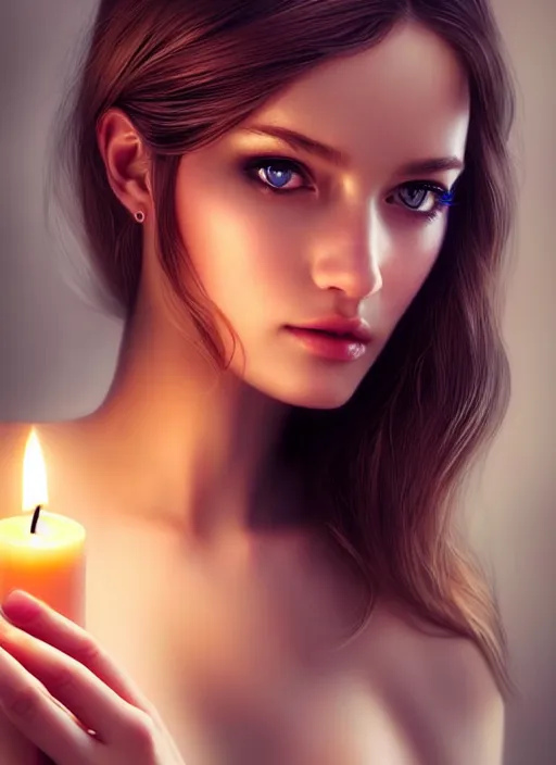 Prompt: a gorgeous female photo, professionally retouched, soft lighting, holding a candle, realistic, smooth face, perfect eyes, wide angle, sharp focus on eyes, 8 k high definition, insanely detailed, intricate, elegant, art by artgerm and wlop