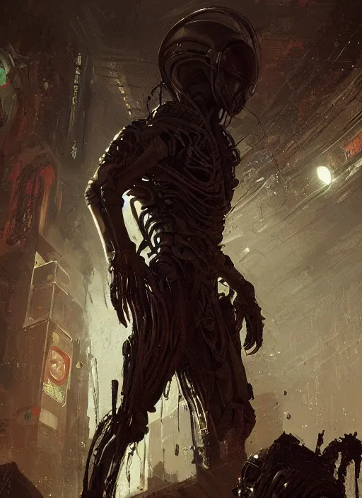 Image similar to alien vs predator, neon, rule of thirds, intricate outfit, spotlight, by greg rutkowski, by jeremy mann, digital painting