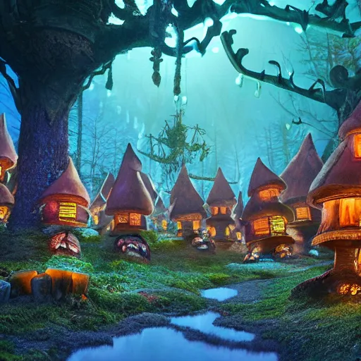 Prompt: A village of mushroom houses with chimneys, glowing windows on the floor of the enchanted forest. night scene, movie still from the Box Trolls, medium shot, might cinematic lighting, sharp, high detail