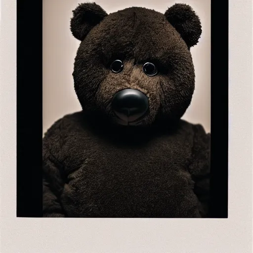 Image similar to a ( ( chiaroscuro lighting portrait ) ) of kanye west dressed as teddy bear mascot, ( ( black background ) ), portrait by julia margaret cameron, shallow depth of field, 8 0 mm, f 1. 8