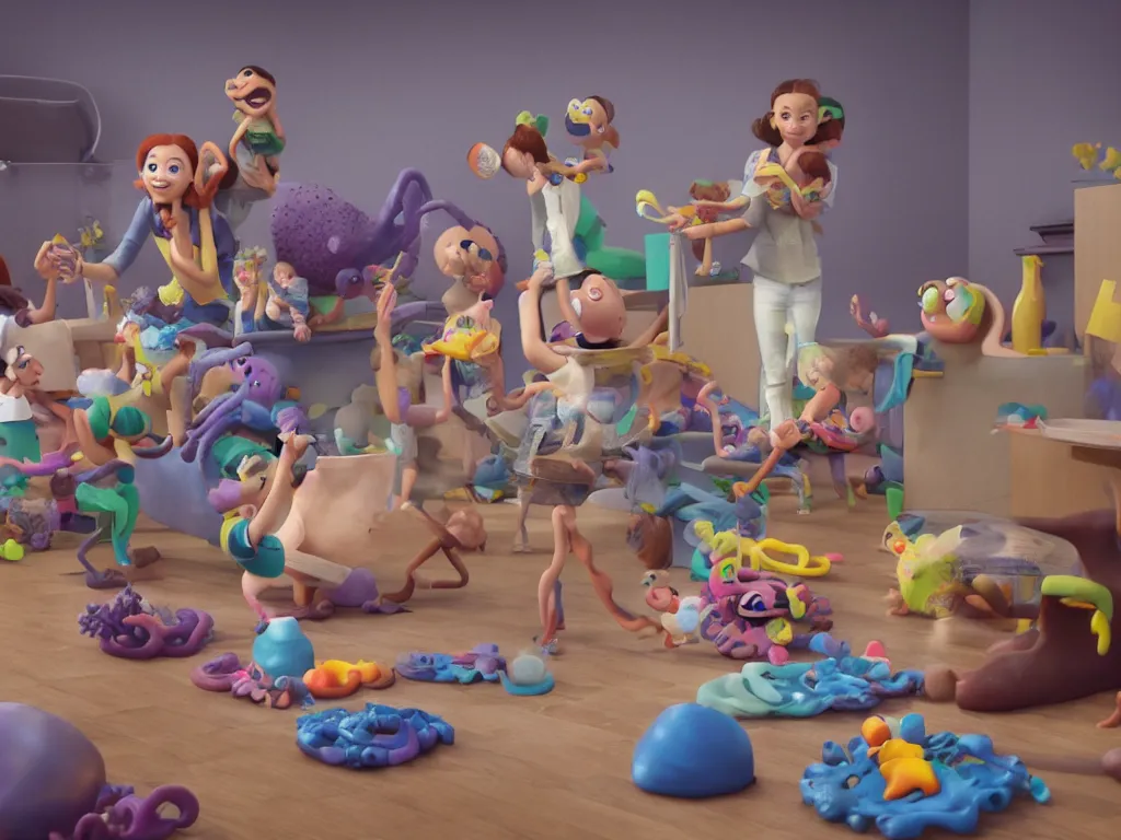 Prompt: a candid photo of an octopus day care provider taking care of multiple children all doing different things. Pixar, 3d, render, octane render, animation