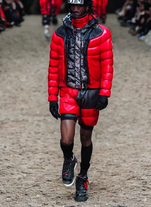 Prompt: hyperrealistic and heavy detailed moncler runway show of whole lotta red by playboi carti, leica sl 2 5 0 mm, vivid color, high quality, high textured, real life