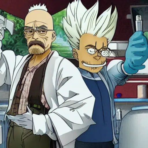 Image similar to senku from dr stone and walter white from breaking bad in a lab together