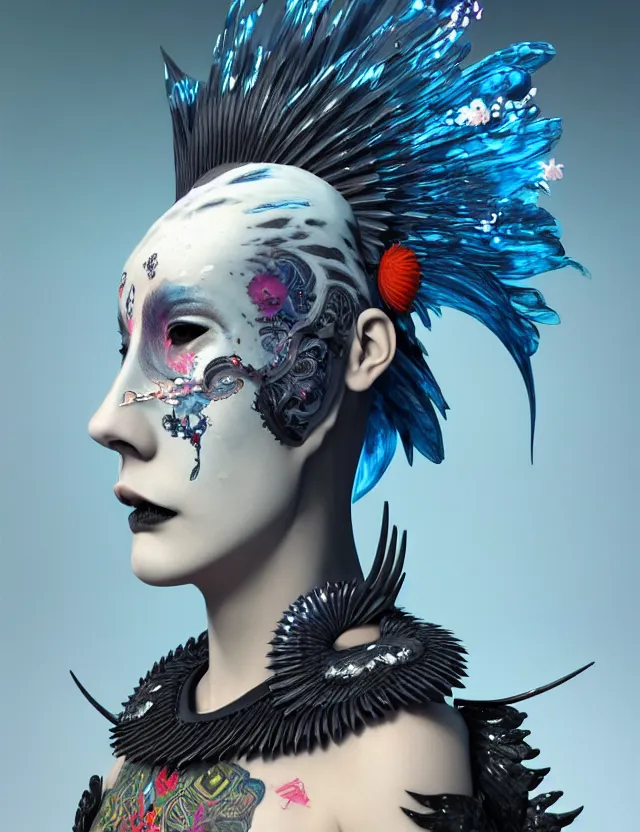 Prompt: 3 d goddess close - up profile portrait russian punk with mohawk with ram skull. beautiful detailed japanese crow kitsune mask and clasical japanese kimono. betta fish, jellyfish phoenix, bio luminescent, plasma, ice, water, wind, creature, artwork by tooth wu and wlop and beeple and greg rutkowski