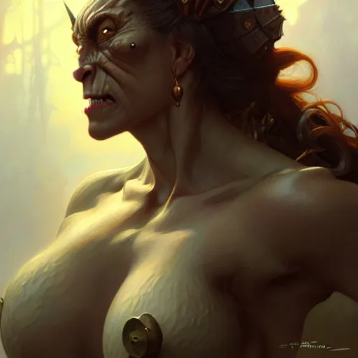 Image similar to Female orc, muscular upper body, D&D, fantasy, intricate, elegant, highly detailed, digital painting, artstation, concept art, smooth, sharp focus, illustration, art by artgerm and greg rutkowski and alphonse mucha