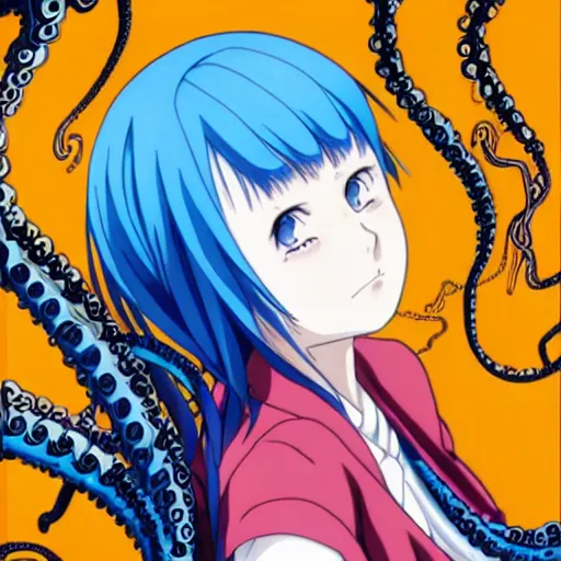 Prompt: Anime key visual of an esoteric mysterious young woman with blue hair, with two tentacles instead of arms. Uzumaki; drawn by Junji Ito, top-rated on pixiv, half-length portrait character design.