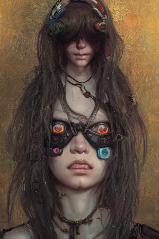 Prompt: portrait of beautiful young goblin, cyberpunk, Warhammer, highly detailed, artstation, illustration, art by Gustav Klimt and Range Murata and Ilya Kuvshinov and Sakimichan