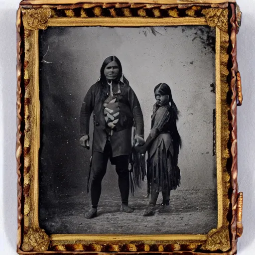 Image similar to victorian photo portrait of Predator and a native american warrior girl, 1825