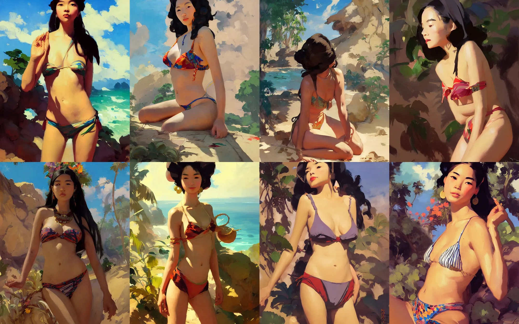 Prompt: portrait of vintage hippie bikini asian african girl traveler greg manchess painting by sargent and leyendecker, studio ghibli, fantasy, medium shot, asymmetrical, intricate, elegant, matte painting, illustration, hearthstone, by greg rutkowski, by greg tocchini, by james gilleard, by joe fenton