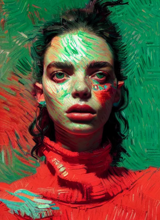 Image similar to close up portrait of yael shelbia, sensual, ecstatic, shades green and red, beautiful face, rule of thirds, intricate outfit, spotlight, by greg rutkowski, by jeremy mann, by francoise nielly, by van gogh, digital painting