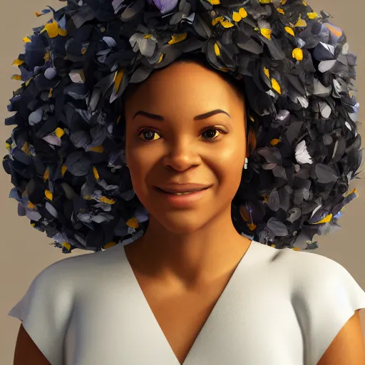 Image similar to portrait of a smiling beautiful black woman who looks like nia long and regina hall with big fluffy afro surrounded by flower petals by argerm and by alphonse mucha, face by wlop, trending on artstation, octane render