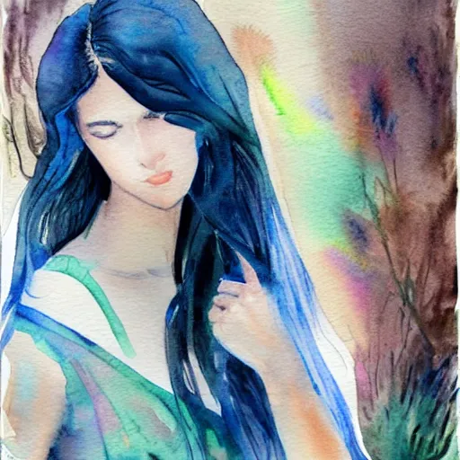 Image similar to outdoor portrait of a very beautiful young woman with gorgeous eyes, high cheek bones, flowing hair, incredible watercolor painting