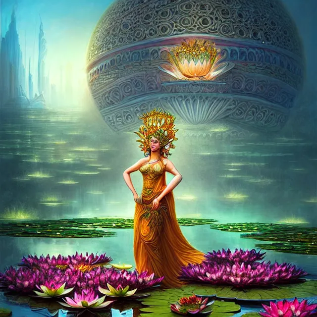 Image similar to Beautiful 3d render of the flower queen goddess near a pond full of lotus, atmospheric lighting, painted, intricate, volumetric lighting, beautiful, rich deep colours masterpiece, sharp focus, ultra detailed, in the art style of Dan Mumford and marc simonetti, with a clear crowded futuristic cyberpunk dubai city in the background, astrophotography