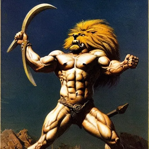 Image similar to a lion headed muscular barbarian by Frank Frazetta, in a savanna