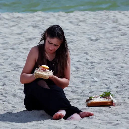 Image similar to a Sand Witch is eating a sandwich on sand which is sandy.