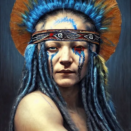 Image similar to A young blindfolded shaman woman with a decorated headband performing a pagan ritual, in the style of heilung, blue hair dreadlocks and wood on her head, tribal piercing and tatoos , atmospheric lighting, intricate detail, cgsociety, ambient light, dynamic lighting, art by karol bak