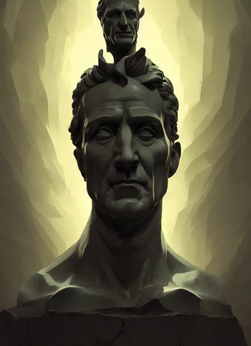 Prompt: statue of julius caesar in a dark landscape, epic lighting, in the style of artgerm and charlie bowater and atey ghailan and mike mignola, vibrant colors, hard shadows, strong rim light, comic cover art, plain background, trending on artstation