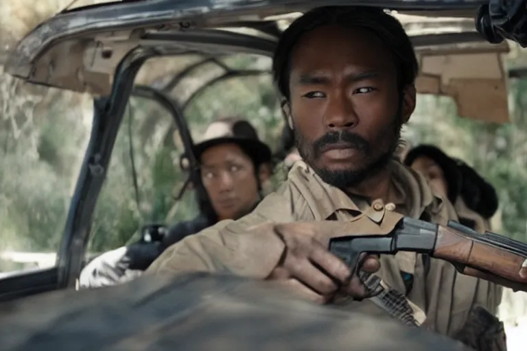 Image similar to movie diverse interracial team of Japanese robbers armed with rifles interior van, beautiful skin, natural lighting by Emmanuel Lubezki