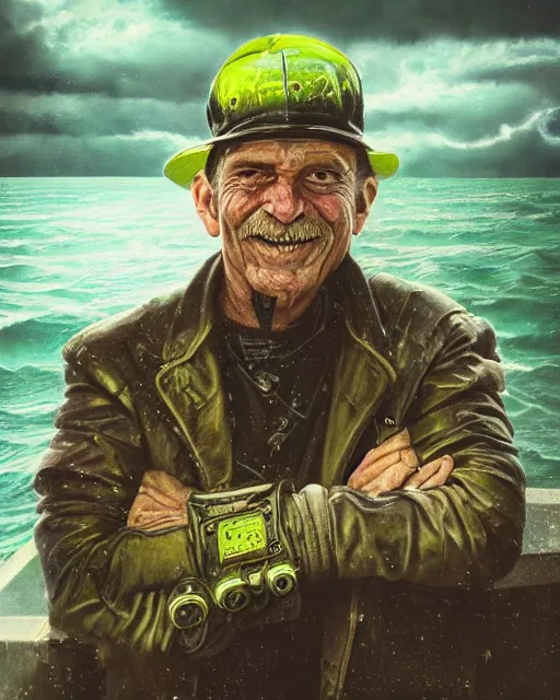 Prompt: an intimate portrait of a gnarly human cyberpunk captain, old skin, faded hat, charming, strong leader, green eyes, a look of cunning, big smile, detailed matte fantasy painting, the sea and storms behind him