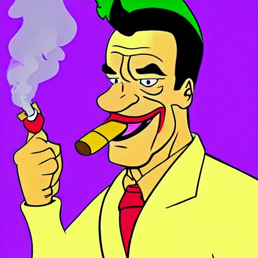 Prompt: Arnold Schwarzenegger as Joker smoking a cigar, cartoon style, looney tunes