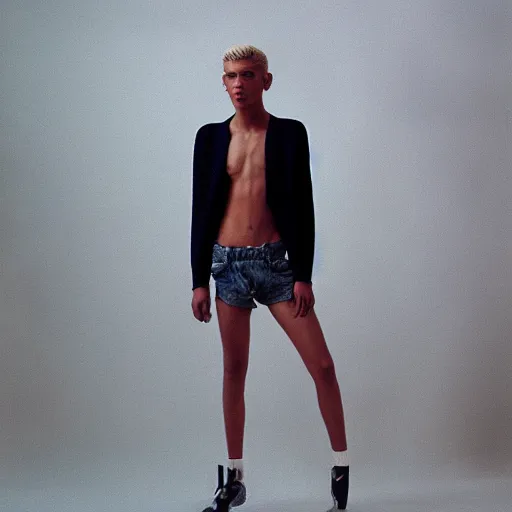 Image similar to realistic photoshooting for a new balenciaga lookbook, color film photography, portrait of a blonde european model, in style of tyler mitchell, 3 5 mm,