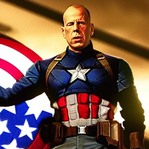 Prompt: Bruce Willis as Captain America, movie, cinematic