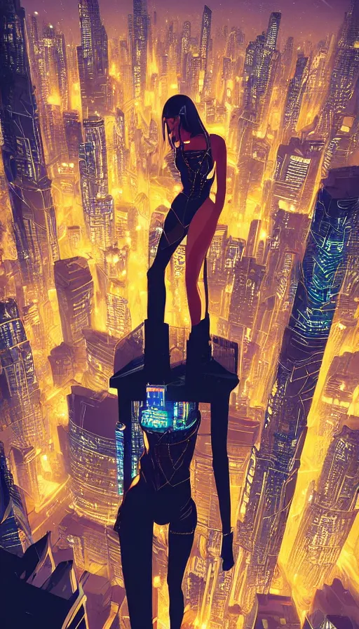 Image similar to night portrait of cyberpunk show girl on a roof, looking up at cityscape of vertical cyberpunk city with high towers, shanghai, Alena Aenami and artgerm