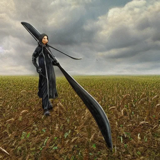 Prompt: death with a scythe takes its harvest in the field, ultrarealistic, photorealism, high quality, ultra detailed, 16k,