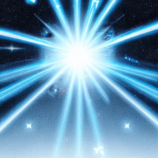 Prompt: digital art of star shaped eyeball with wings in blue sky surrounded by lens flares ethereal art