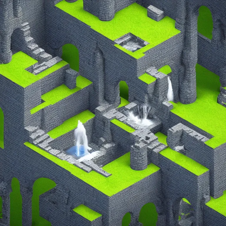 Prompt: surreal isometric platform video game titled'the castle of running water'created by m. c. escher and hieronymous bosch and rene magritte, detailed design, octane render unreal engine 8 k