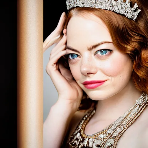 Image similar to emma stone with jewellary crown princess, sensual, beautiful soft light failling on her face, studio photography, nikon 3 5 mm portrait photography, ultra realistic