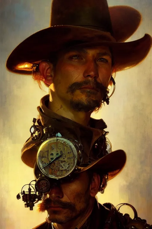 Image similar to hyperrealist portrait of a steampunk cowboy by jeremy mann and alphonse mucha, fantasy art, photo realistic, dynamic lighting, artstation, poster, volumetric lighting, very detailed faces, 4 k, award winning